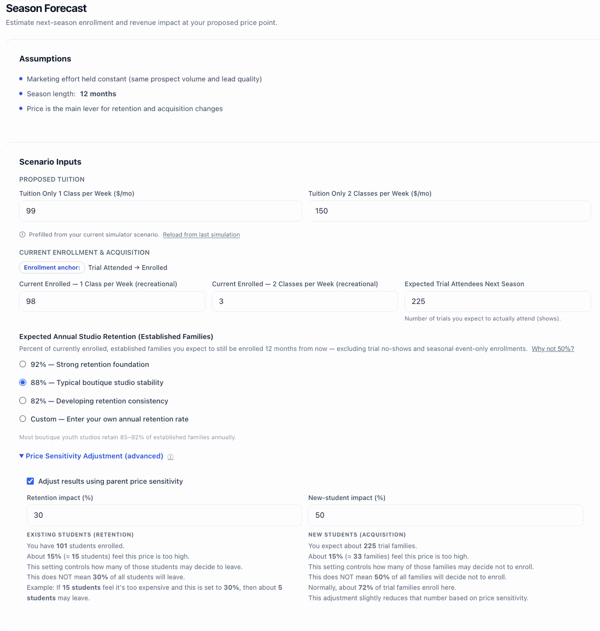 Season Forecast input fields for enrollment, trials, and retention